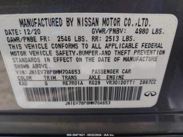 JN1EV7BP8MM704653 Infiniti Q50 LUXE