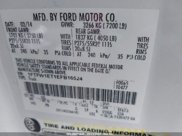 1FTFW1ET1EFB16524 Ford F-150 Platinum