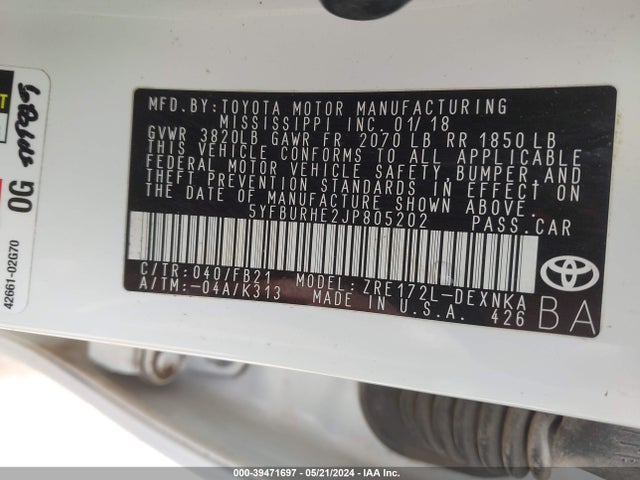 Toyota COROLLA LE 2018 5YFBURHE2JP805202 Image 9