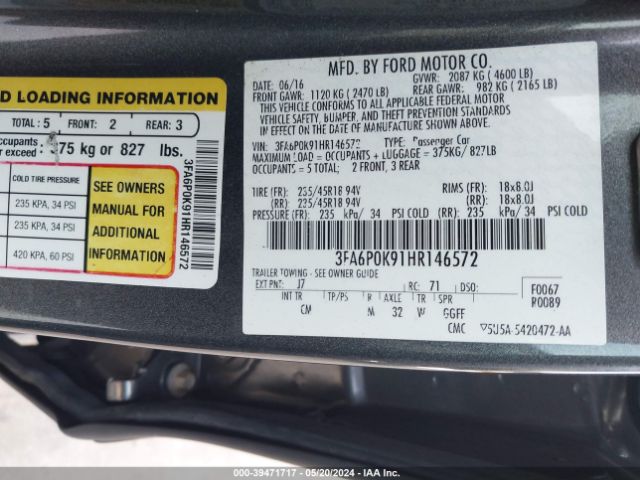 3FA6P0K91HR146572 Ford Fusion Titanium