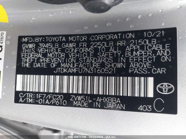 JTDKAMFU7N3160521 Toyota Prius L