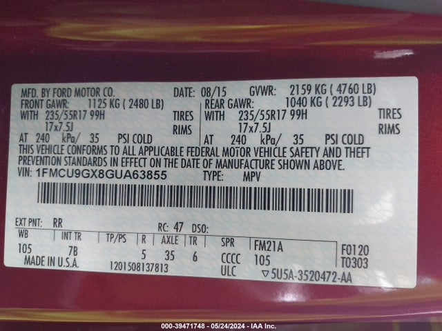 Ford ESCAPE SE 2016 1FMCU9GX8GUA63855 Image 9