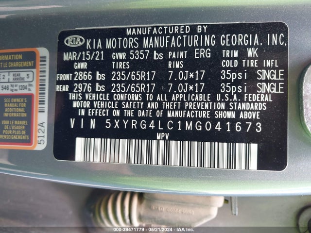 KIA SORENTO LX 2021 5XYRG4LC1MG041673 Image 9