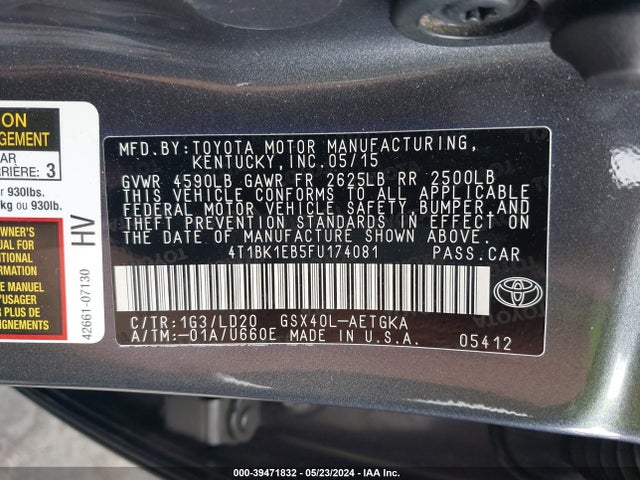 Toyota AVALON XLE 2015 4T1BK1EB5FU174081 Image 9