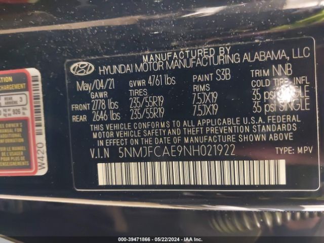 5NMJFCAE9NH021922 Hyundai TUCSON SEL