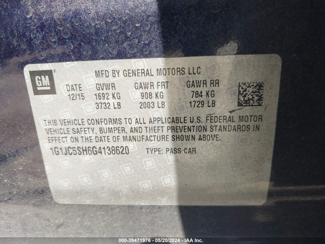 Chevrolet Sonic Lt Auto 2016 1G1JC5SH6G4138620 Image 9