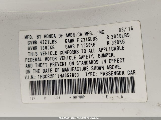 Honda Accord Sport Se 2017 1HGCR2F12HA052803 Image 9