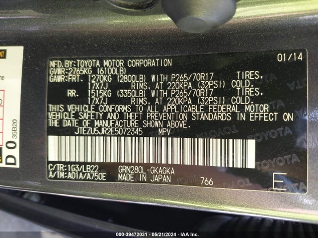 Toyota 4runner Sr5 Premium 2014 JTEZU5JR2E5072345 Image 9