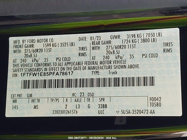 1FTFW1E85PFA78617 Ford F-150 Xlt