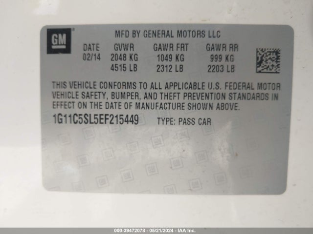 Chevrolet MALIBU 1LT 2014 1G11C5SL5EF215449 Image 9
