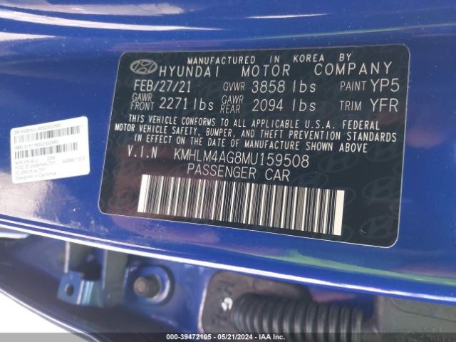 KMHLM4AG8MU159508 Hyundai ELANTRA SEL
