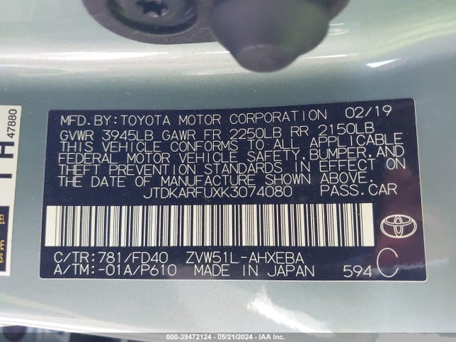 2019 TOYOTA PRIUS LE VIN: JTDKARFUXK3074080