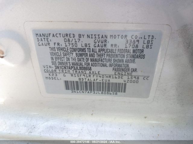 3N1CN7AP3JL808658 Nissan Versa 1.6 S