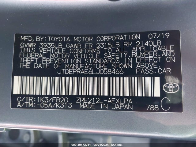 Toyota COROLLA LE 2020 JTDEPRAE6LJ058466 Image 9