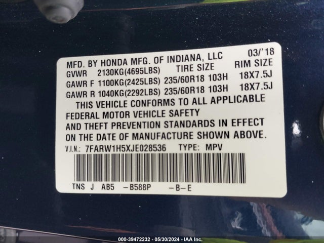 Honda CR-V EX 2018 7FARW1H5XJE028536 Image 9