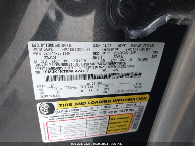 Ford Expedition Limited Max 2021 1FMJK1KT8MEA24417 Image 9