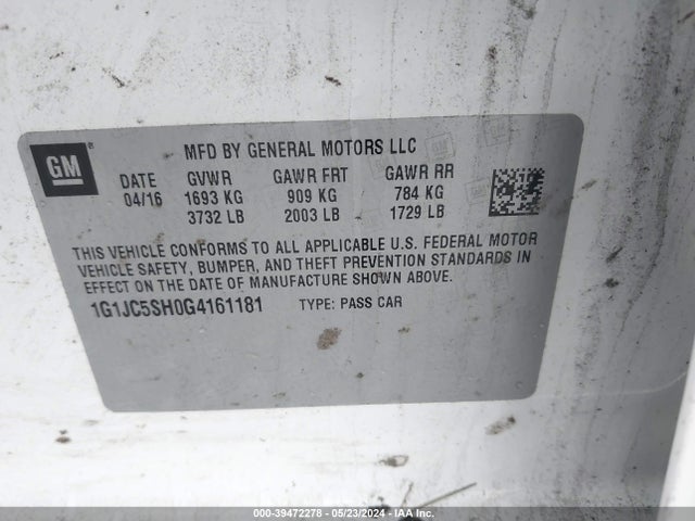Chevrolet Sonic Lt Auto 2016 1G1JC5SH0G4161181 Image 9