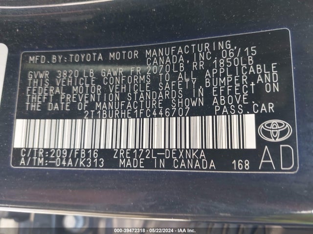Toyota COROLLA LE 2015 2T1BURHE1FC446707 Image 9