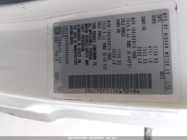 39472459 :رقم المزاد ، 3N6CM0KN5DK692486 vin ، 2013 Nissan Nv200 Sv مزاد بيع