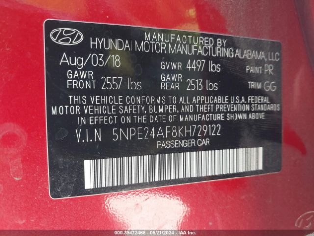5NPE24AF8KH729122 Hyundai SONATA SE