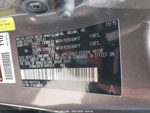 5TDKK3DC9FS680351 Toyota Sienna Le 8 Passenger