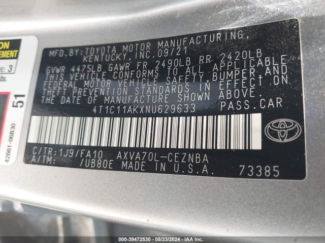 Toyota CAMRY LE 2022 4T1C11AKXNU629633 Image 9