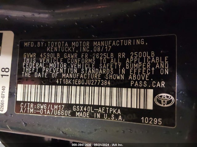 Toyota AVALON LIMITED 2018 4T1BK1EB0JU277384 Image 9