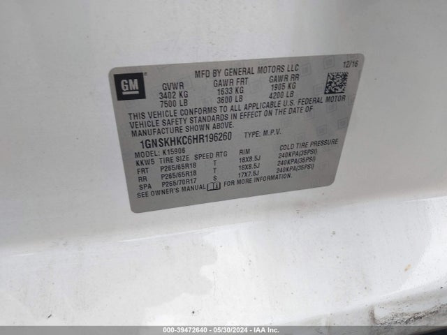 Chevrolet Suburban Lt 2017 1GNSKHKC6HR196260 Image 9