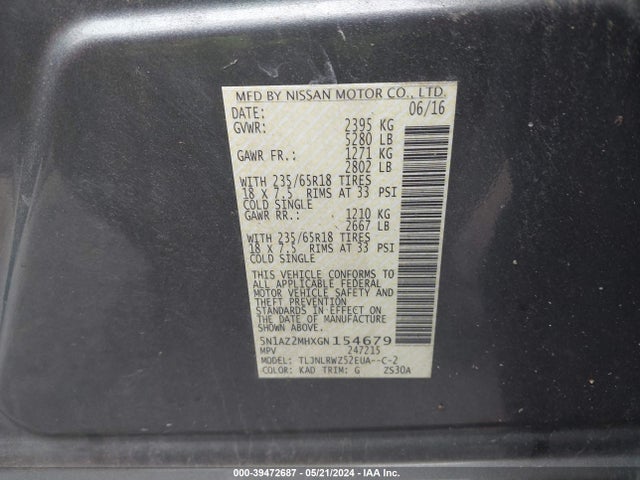 Nissan MURANO SL 2016 5N1AZ2MHXGN154679 Image 9