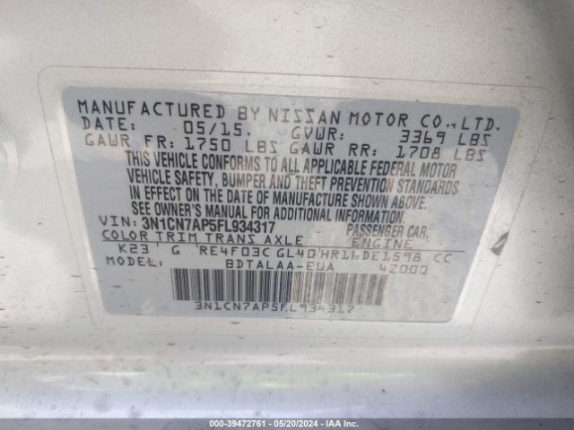 3N1CN7AP5FL934317 Nissan Versa 1.6 S