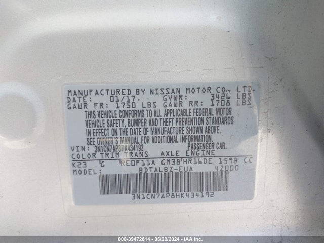 Nissan Versa 1.6 Sv 2017 3N1CN7AP8HK434192 Image 9