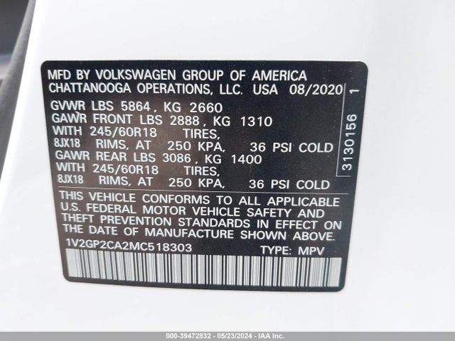 Volkswagen Atlas 2.0t S 2021 1V2GP2CA2MC518303 Image 9