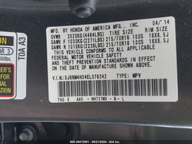 5J6RM4H34EL076242 Honda CR-V LX