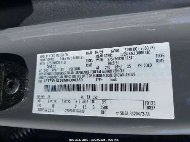 1FTFW1E58MFB98350 Ford F-150 Xl
