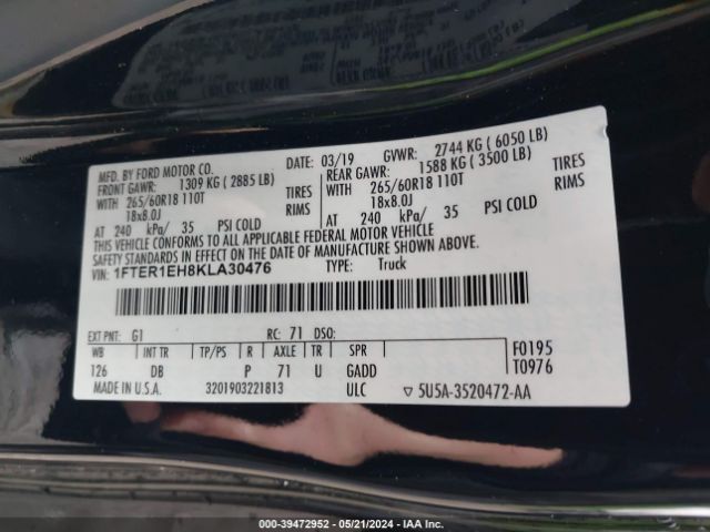 1FTER1EH8KLA30476 Ford Ranger Lariat