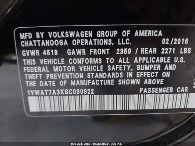 1VWAT7A3XGC030822 Volkswagen Passat 1.8t S