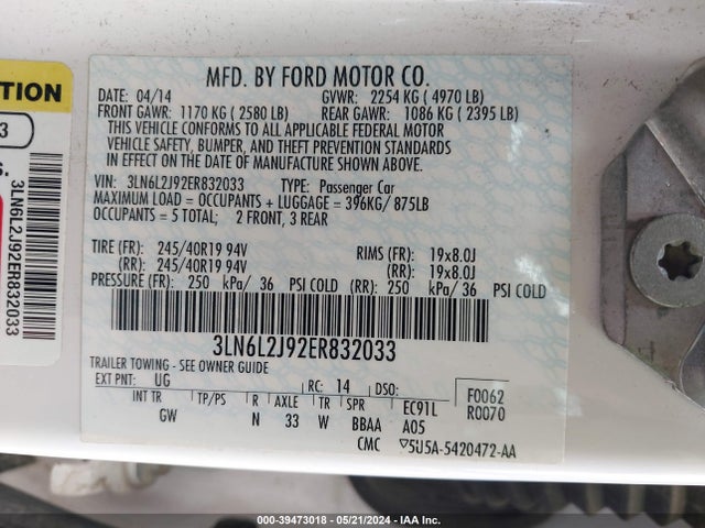 Lincoln MKZ 2014 3LN6L2J92ER832033 Image 9