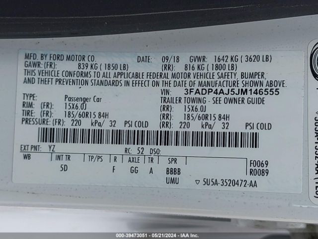 3FADP4AJ5JM146555 Ford FIESTA S