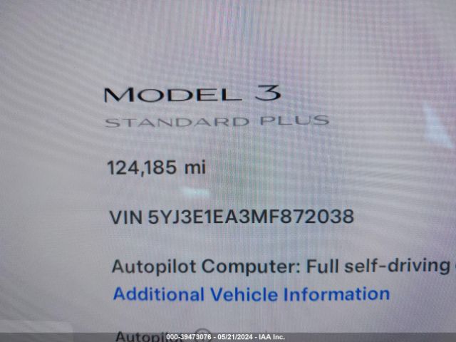 5YJ3E1EA3MF872038 Tesla Model 3 Standard Range Plus Rear-wheel Drive