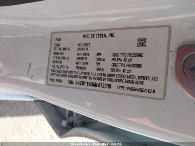 5YJ3E1EA3MF872038 Tesla Model 3 Standard Range Plus Rear-wheel Drive