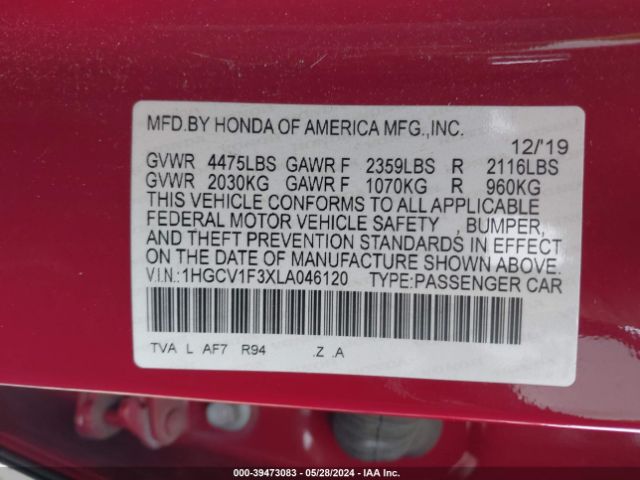 1HGCV1F3XLA046120 Honda Accord Sport