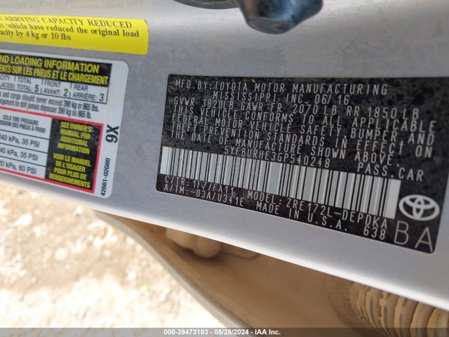 Toyota COROLLA L 2016 5YFBURHE3GP540248 Image 9
