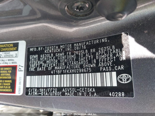 Toyota CAMRY SE 2017 4T1BF1FKXHU298675 Image 9