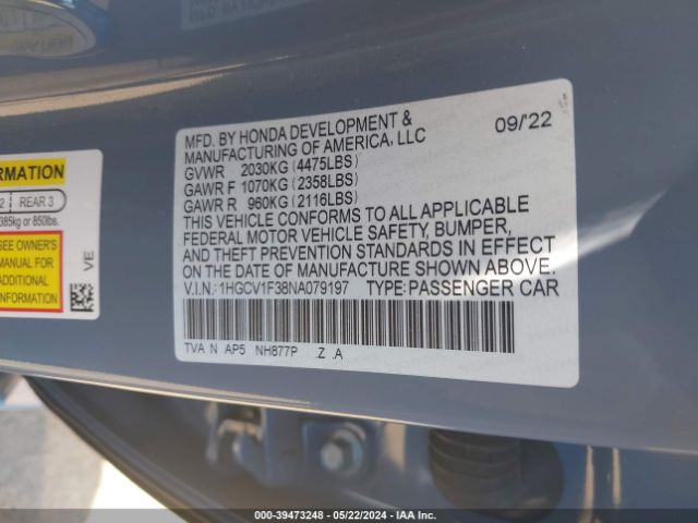 1HGCV1F38NA079197 Honda Accord Sport