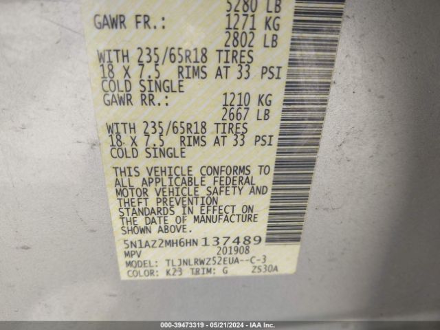 5N1AZ2MH6HN137489 Nissan MURANO SL