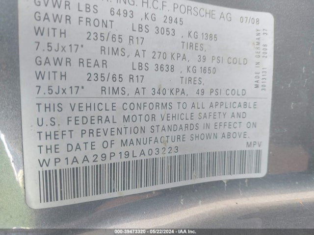 2009 PORSCHE CAYENNE WP1AA29P19LA03223 Photo 8