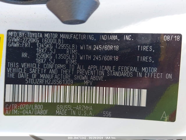 Toyota Highlander Xle 2018 5TDJZRFH2JS561309 Image 9