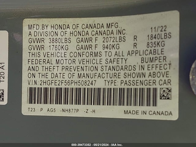 Honda Civic Sport 2023 2HGFE2F56PH508247 Image 9