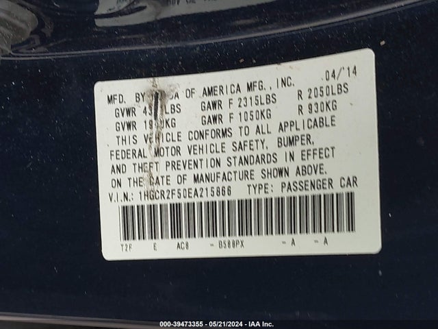 Honda Accord Sport 2014 1HGCR2F50EA215866 Image 9
