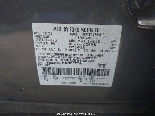 Ford EXPLORER XLT 2021 1FMSK8DH1MGB02739 Image 9